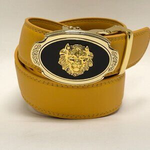 Mustard Yellow Belt Women Men Gold Automatic Buckle Slide Belt Leather Lion Head